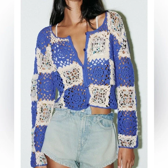 Zara Sequin Crochet Jacket Cardigan Blue / cream NWT - Picture 3 of 7